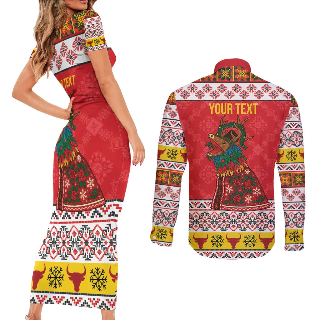 Personalized Romania Christmas Couples Matching Short Sleeve Bodycon Dress and Long Sleeve Button Shirt Romanian Carpet The Goat Dance - Wonder Print Shop