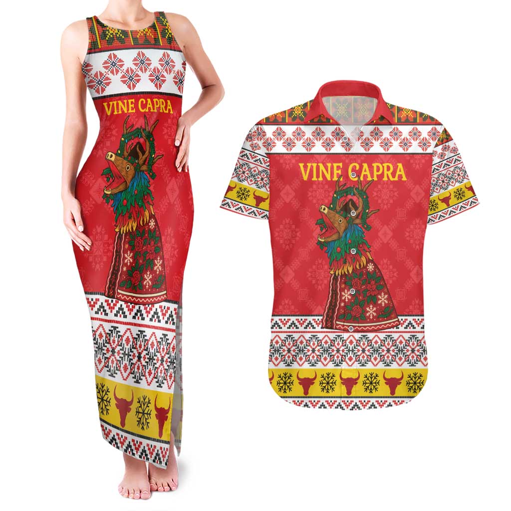 Personalized Romania Christmas Couples Matching Tank Maxi Dress and Hawaiian Shirt Romanian Carpet The Goat Dance - Wonder Print Shop