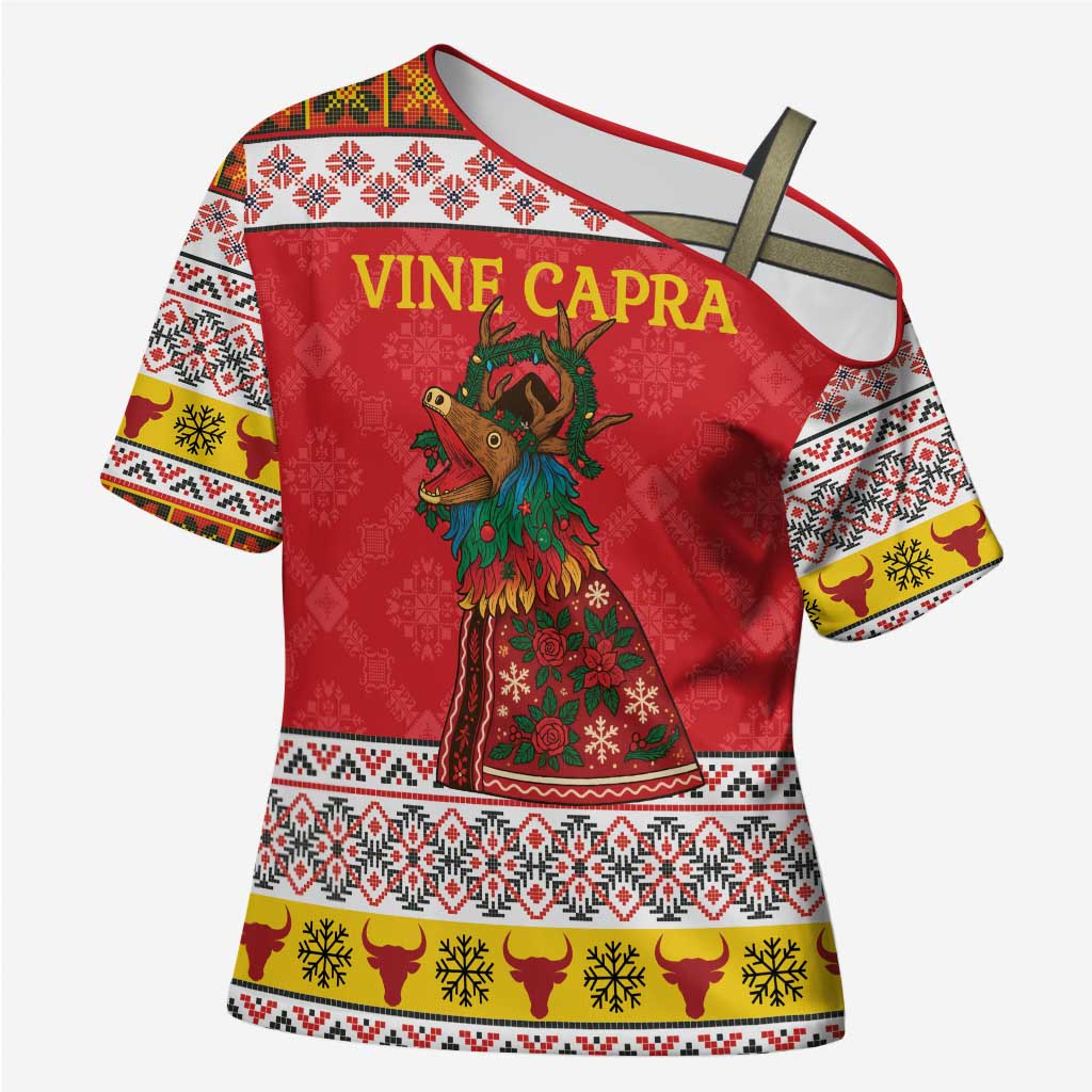 Personalized Romania Christmas Cross Shoulder Shirt Romanian Carpet The Goat Dance - Wonder Print Shop