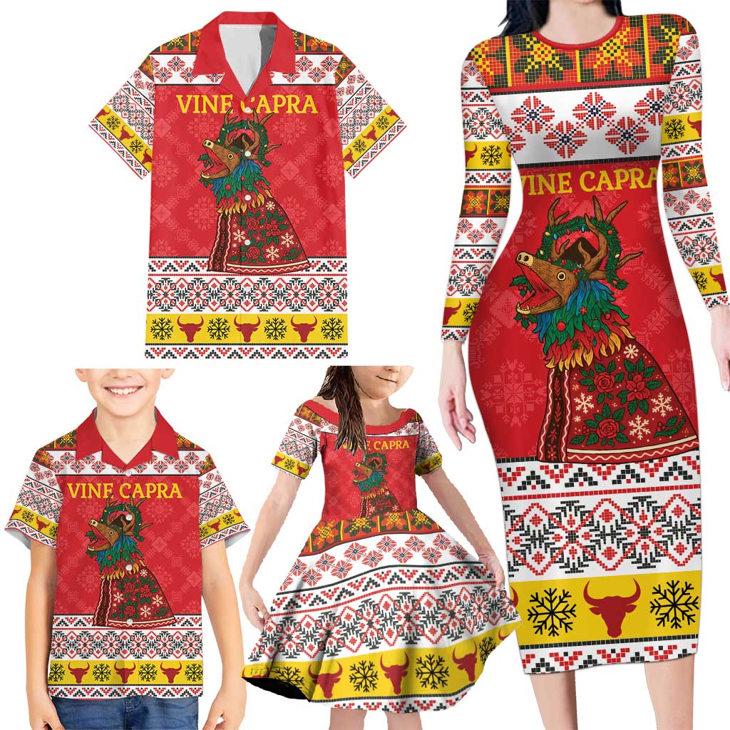 Personalized Romania Christmas Family Matching Long Sleeve Bodycon Dress and Hawaiian Shirt Romanian Carpet The Goat Dance - Wonder Print Shop