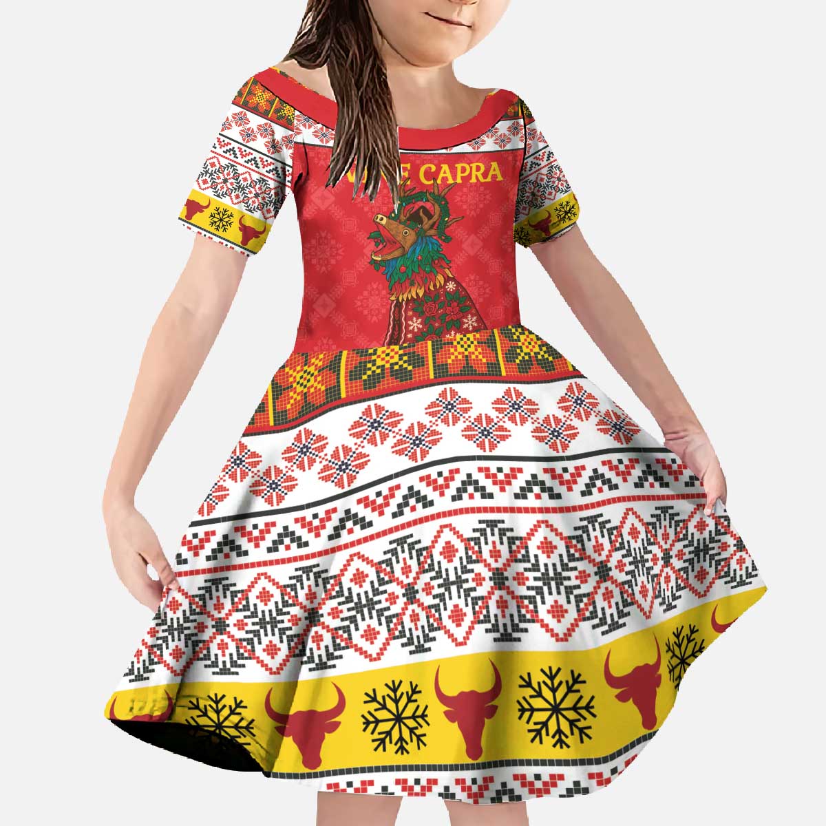 Personalized Romania Christmas Family Matching Off The Shoulder Long Sleeve Dress and Hawaiian Shirt Romanian Carpet The Goat Dance - Wonder Print Shop