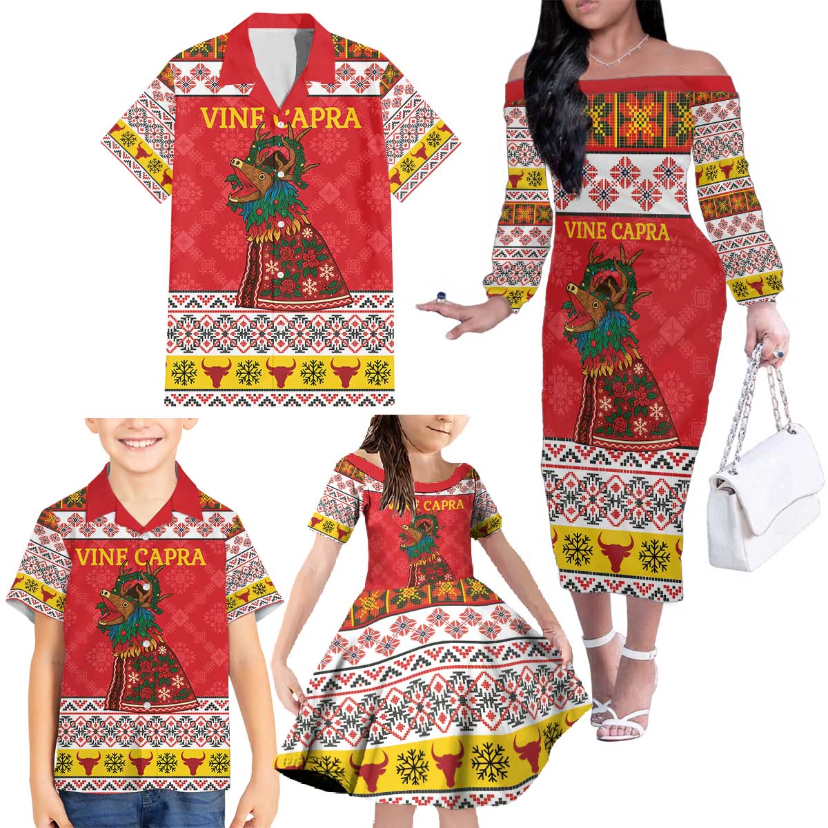 Personalized Romania Christmas Family Matching Off The Shoulder Long Sleeve Dress and Hawaiian Shirt Romanian Carpet The Goat Dance - Wonder Print Shop