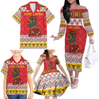 Personalized Romania Christmas Family Matching Off The Shoulder Long Sleeve Dress and Hawaiian Shirt Romanian Carpet The Goat Dance - Wonder Print Shop