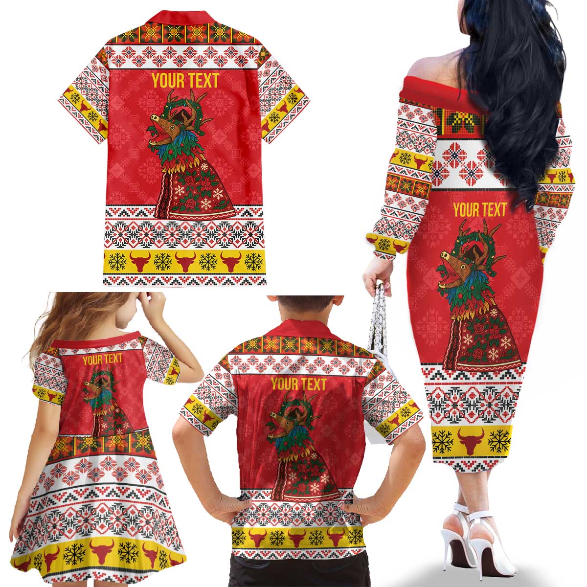 Personalized Romania Christmas Family Matching Off The Shoulder Long Sleeve Dress and Hawaiian Shirt Romanian Carpet The Goat Dance - Wonder Print Shop