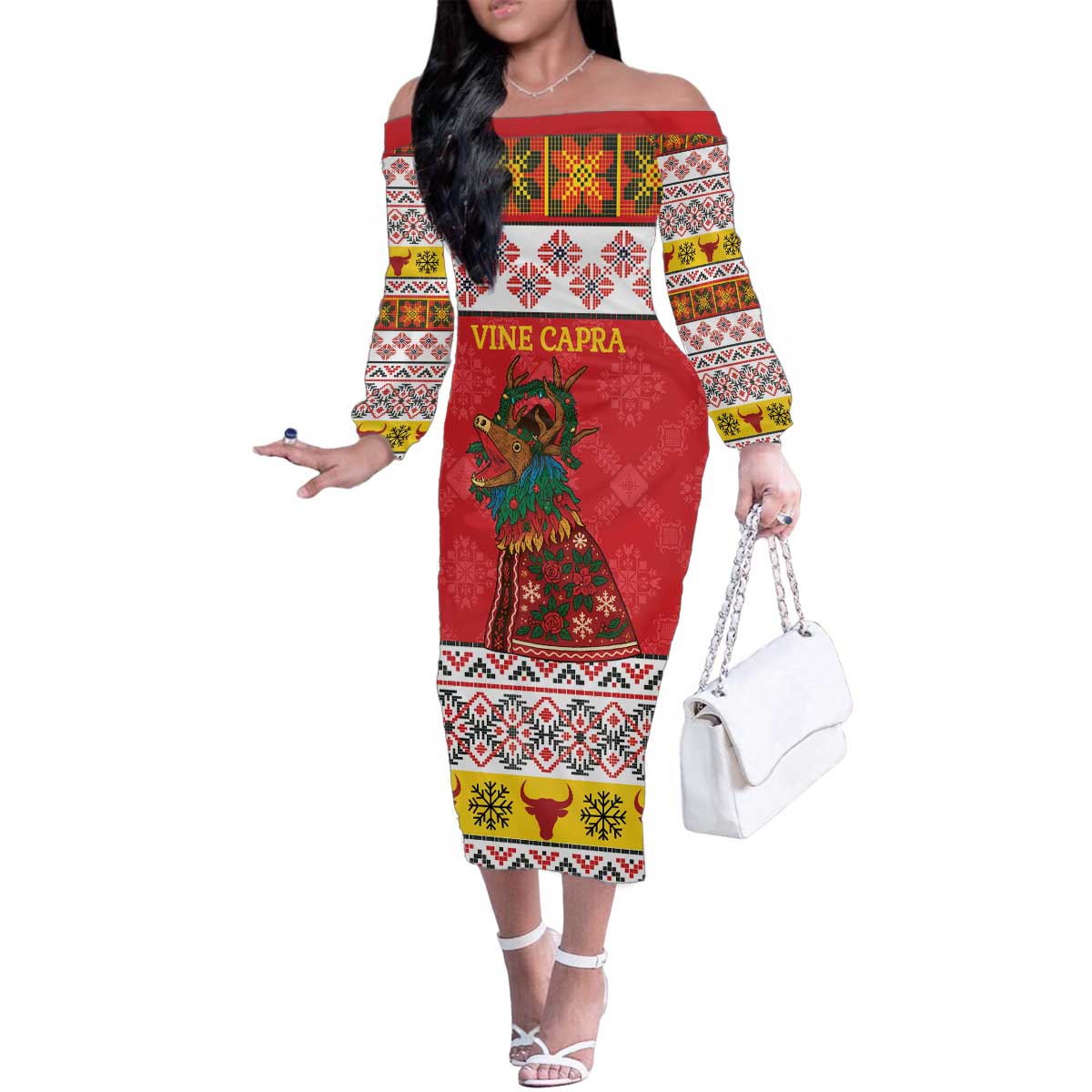 Personalized Romania Christmas Family Matching Off The Shoulder Long Sleeve Dress and Hawaiian Shirt Romanian Carpet The Goat Dance - Wonder Print Shop