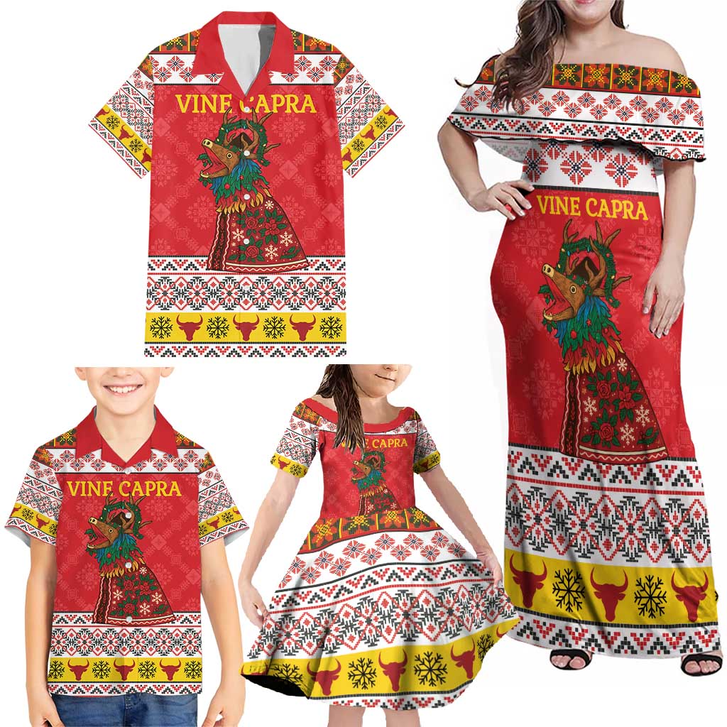 Personalized Romania Christmas Family Matching Off Shoulder Maxi Dress and Hawaiian Shirt Romanian Carpet The Goat Dance - Wonder Print Shop