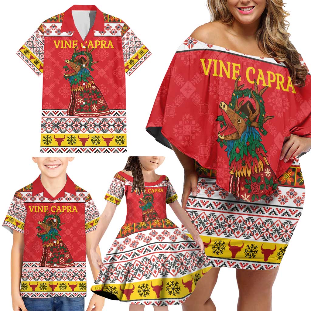 Personalized Romania Christmas Family Matching Off Shoulder Short Dress and Hawaiian Shirt Romanian Carpet The Goat Dance - Wonder Print Shop