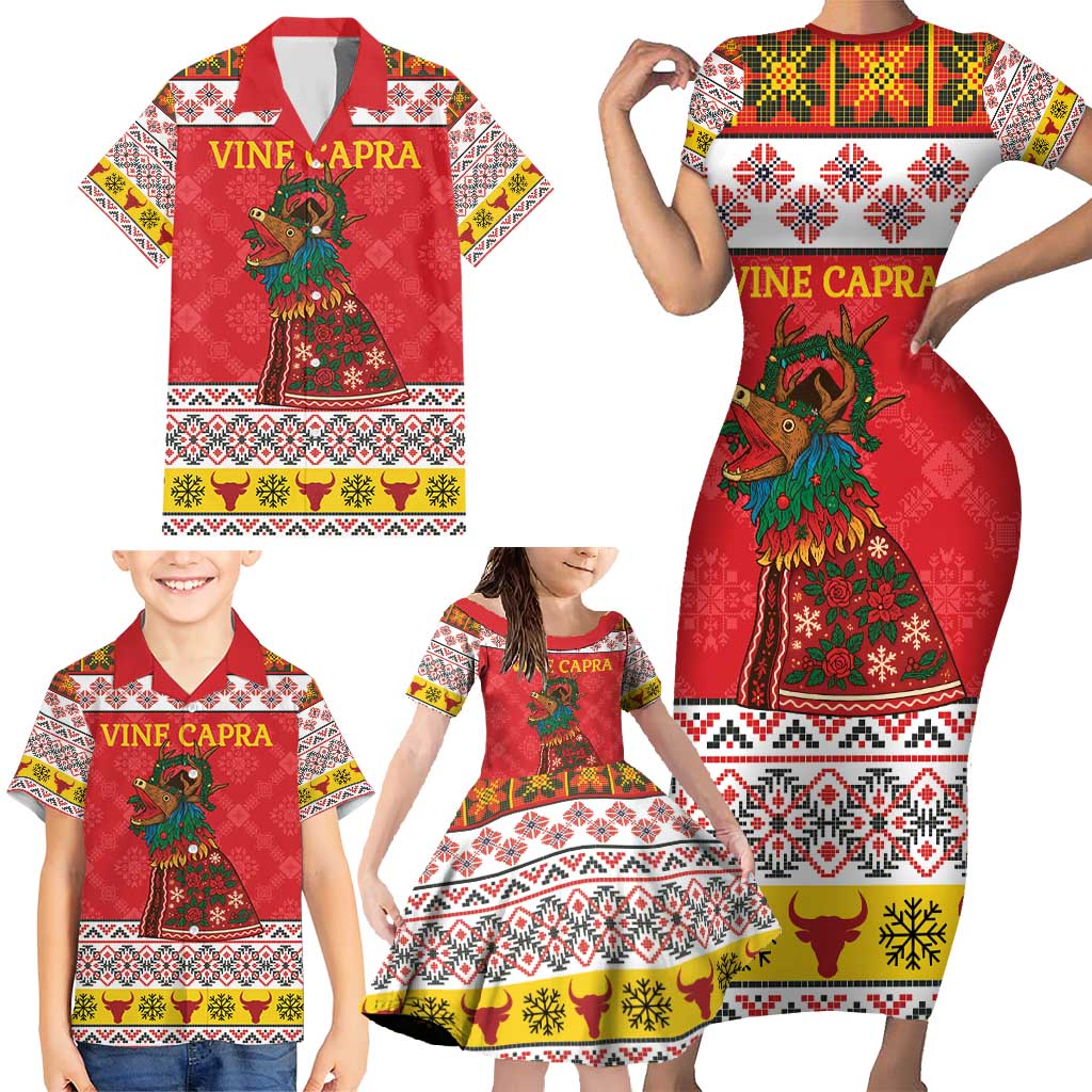 Personalized Romania Christmas Family Matching Short Sleeve Bodycon Dress and Hawaiian Shirt Romanian Carpet The Goat Dance - Wonder Print Shop