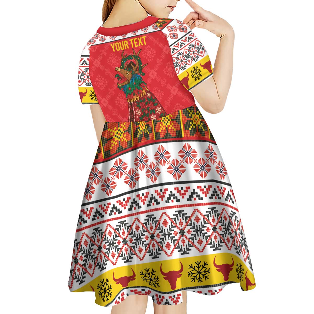 Personalized Romania Christmas Kid Short Sleeve Dress Romanian Carpet The Goat Dance - Wonder Print Shop