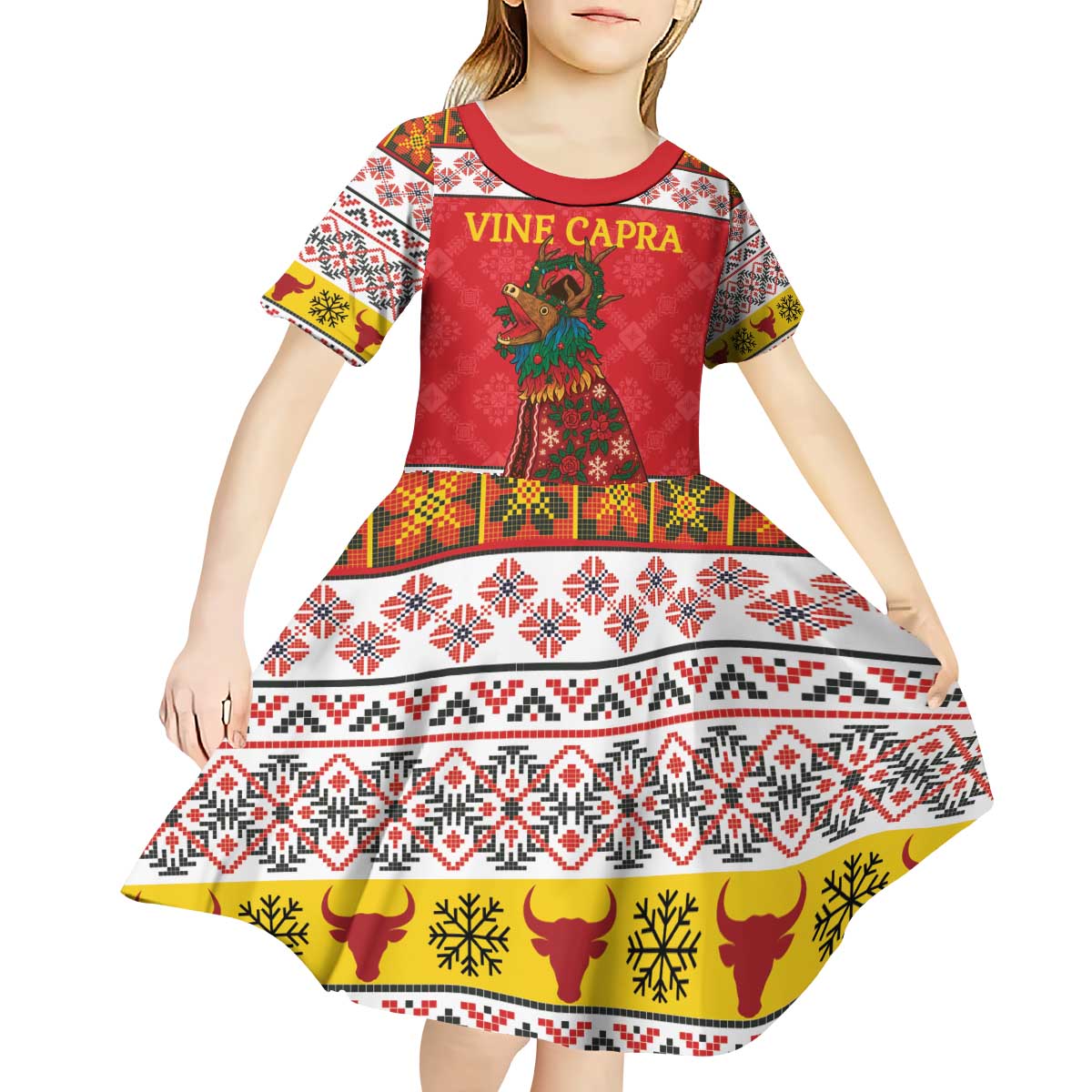 Personalized Romania Christmas Kid Short Sleeve Dress Romanian Carpet The Goat Dance - Wonder Print Shop