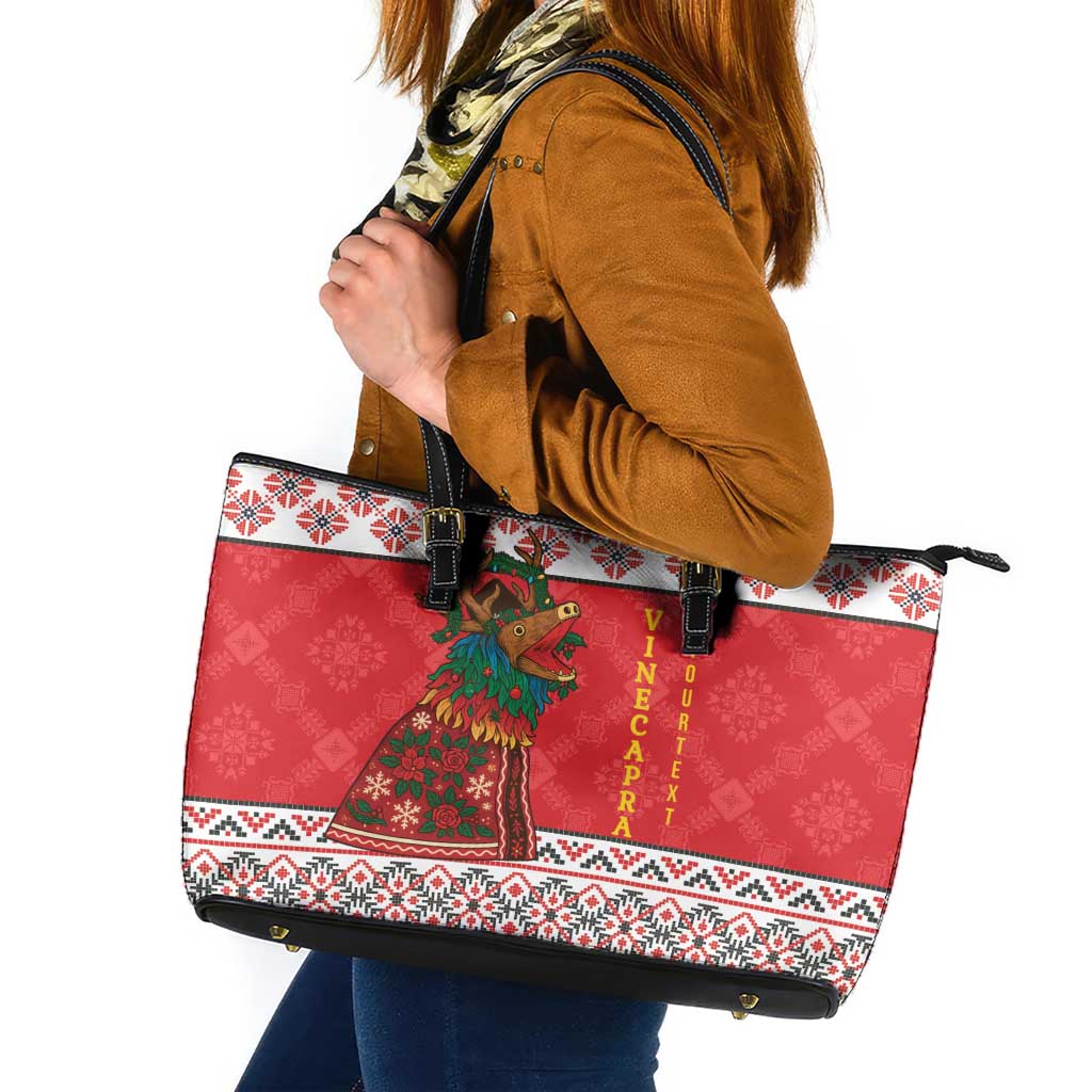 Personalized Romania Christmas Leather Tote Bag Romanian Carpet The Goat Dance - Wonder Print Shop