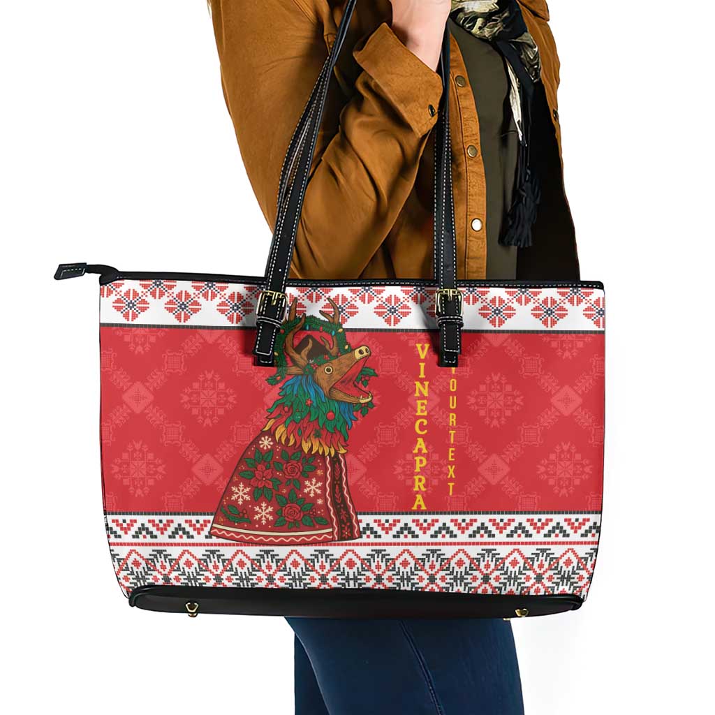 Personalized Romania Christmas Leather Tote Bag Romanian Carpet The Goat Dance - Wonder Print Shop