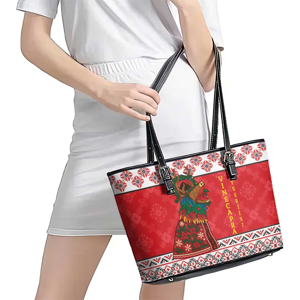 Personalized Romania Christmas Leather Tote Bag Romanian Carpet The Goat Dance - Wonder Print Shop