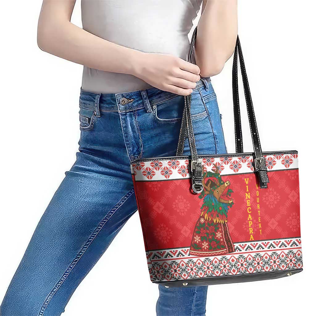 Personalized Romania Christmas Leather Tote Bag Romanian Carpet The Goat Dance - Wonder Print Shop