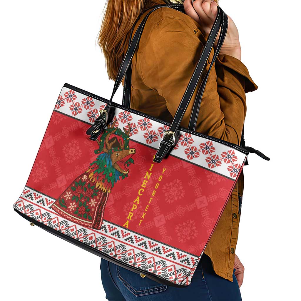 Personalized Romania Christmas Leather Tote Bag Romanian Carpet The Goat Dance - Wonder Print Shop