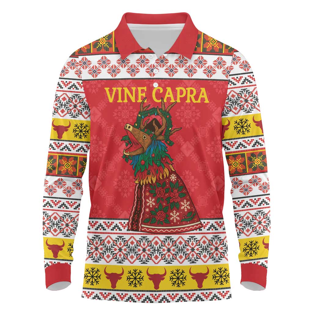 Personalized Romania Christmas Long Sleeve Polo Shirt Romanian Carpet The Goat Dance - Wonder Print Shop