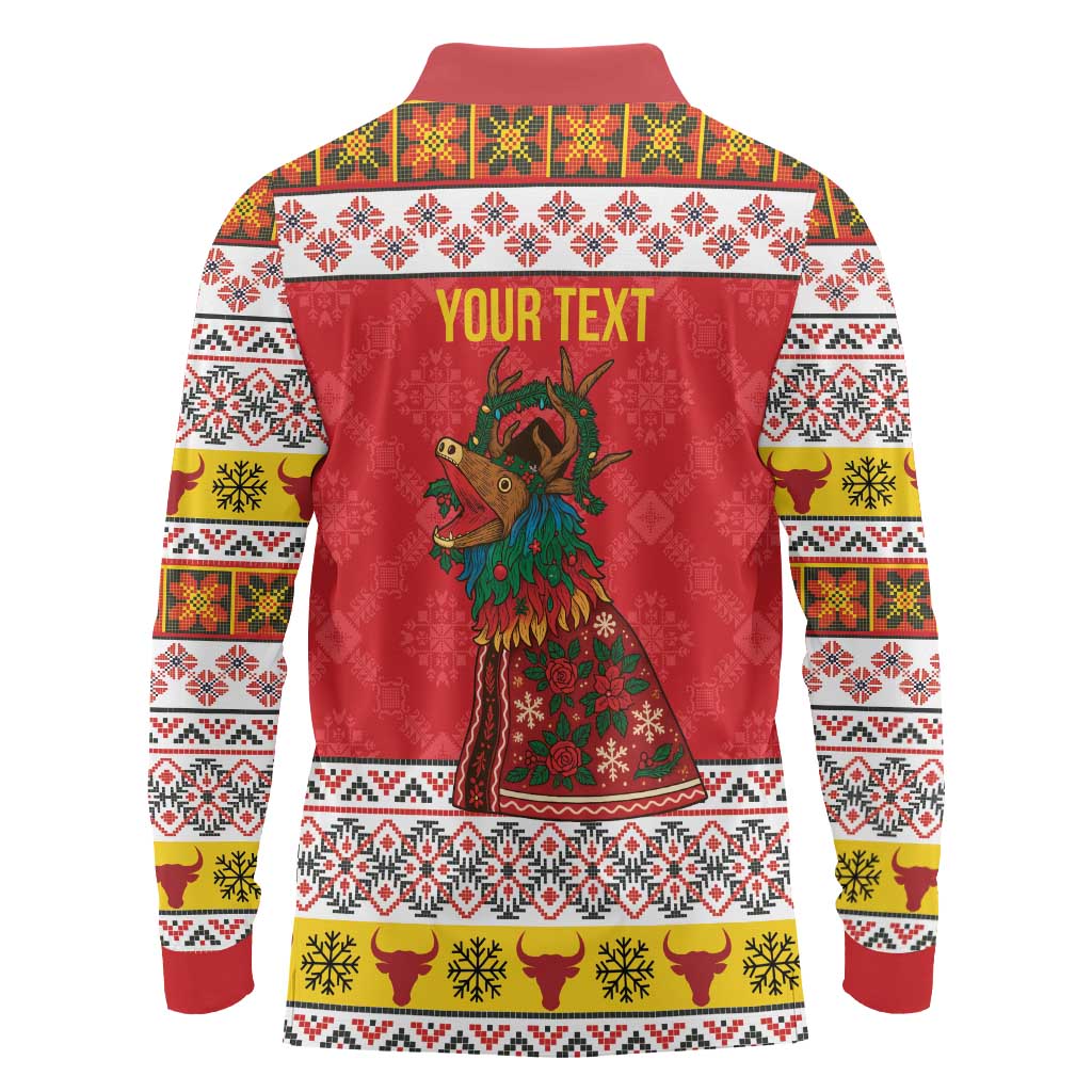 Personalized Romania Christmas Long Sleeve Polo Shirt Romanian Carpet The Goat Dance - Wonder Print Shop