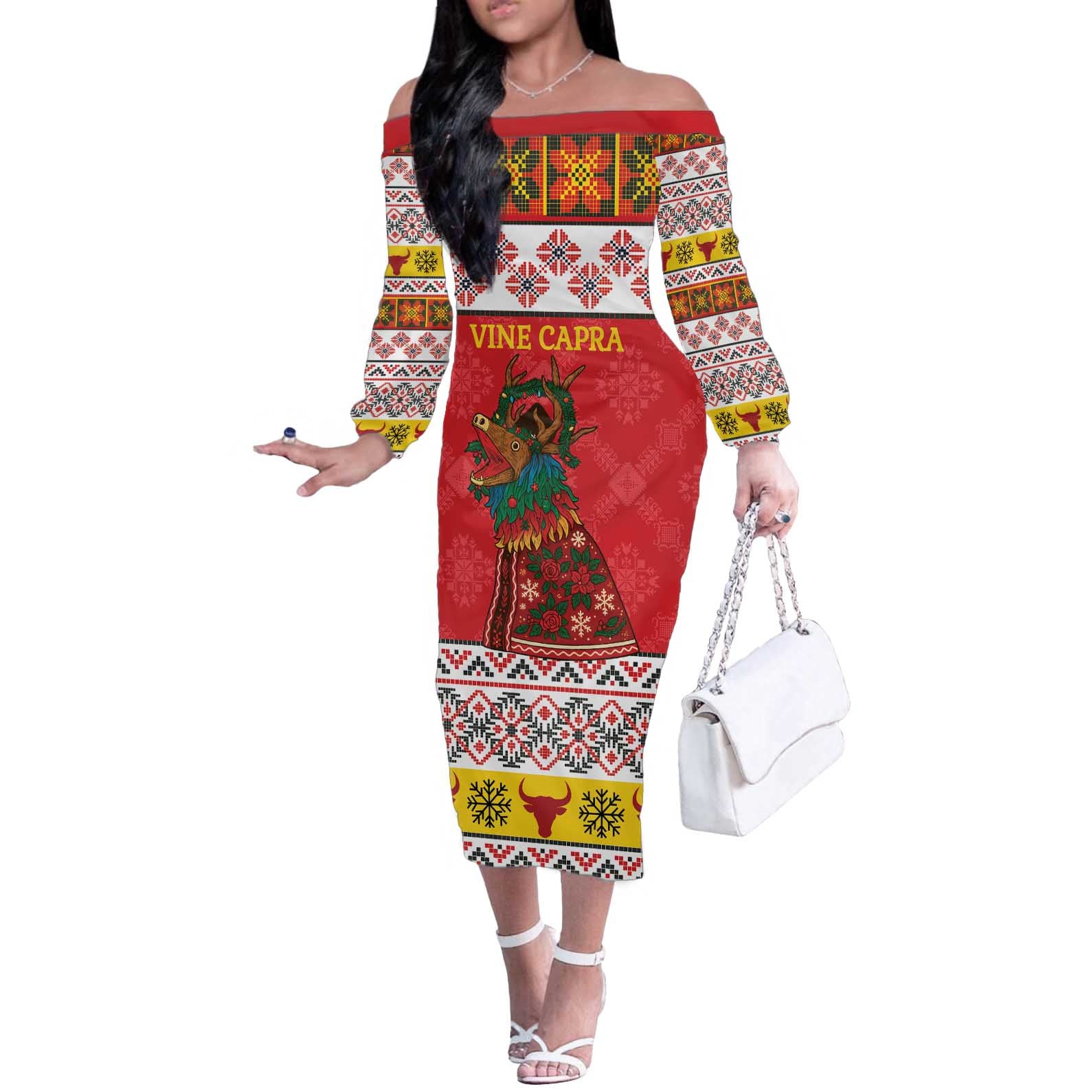 Personalized Romania Christmas Off The Shoulder Long Sleeve Dress Romanian Carpet The Goat Dance - Wonder Print Shop