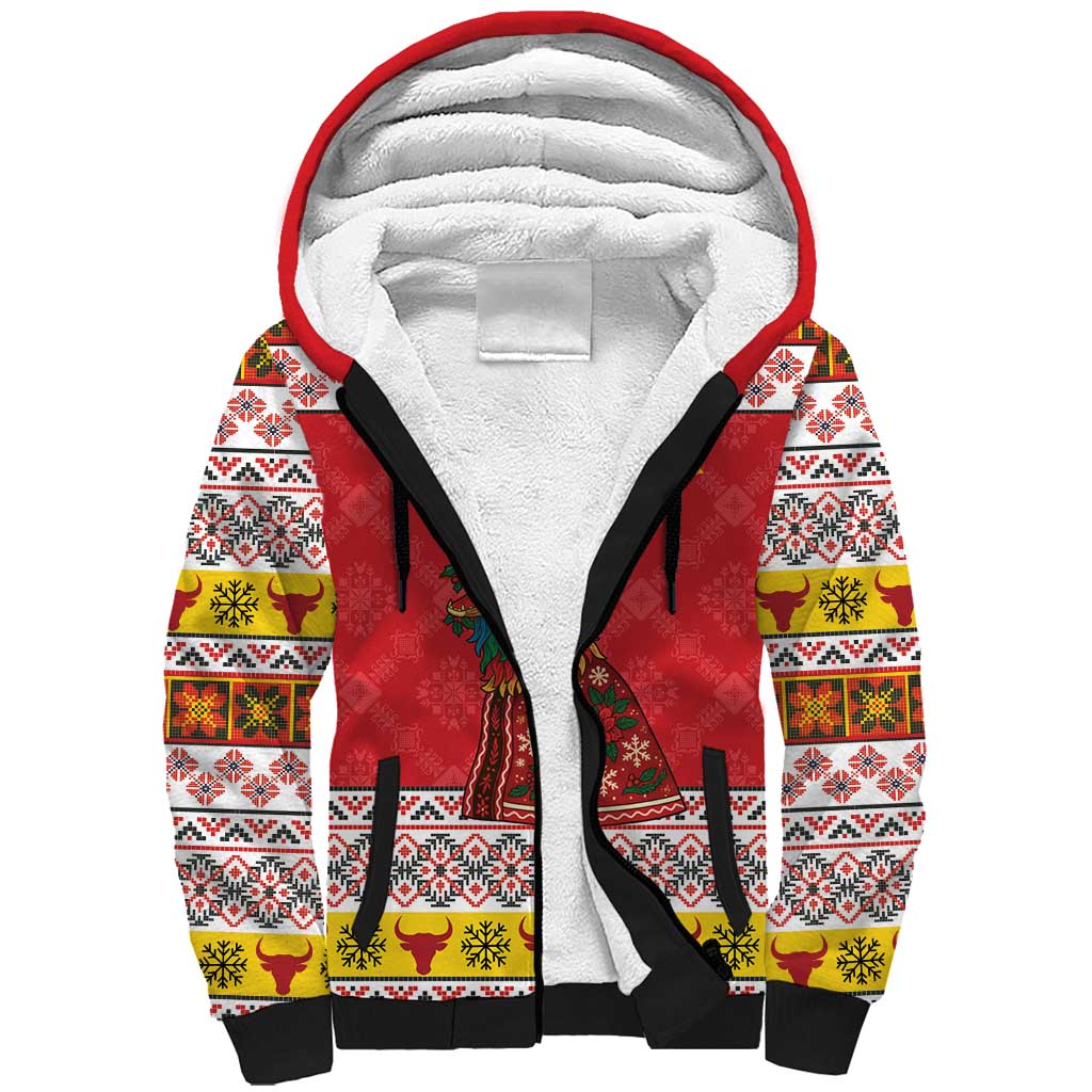 Personalized Romania Christmas Sherpa Hoodie Romanian Carpet The Goat Dance - Wonder Print Shop