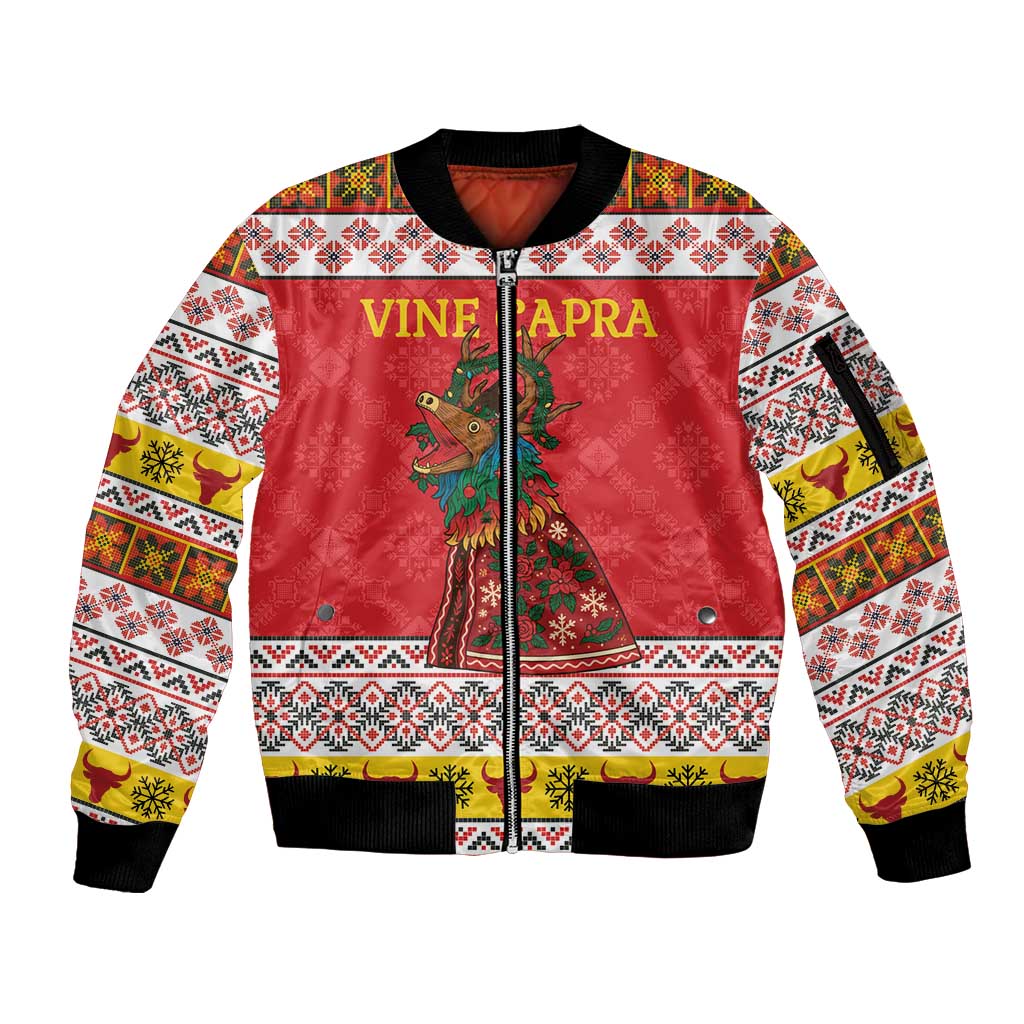 Personalized Romania Christmas Sleeve Zip Bomber Jacket Romanian Carpet The Goat Dance - Wonder Print Shop