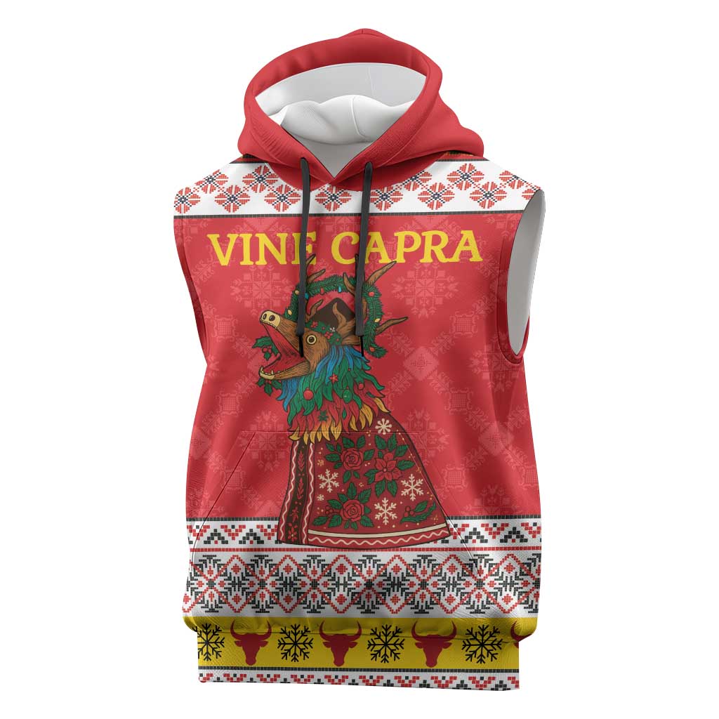 Personalized Romania Christmas Sleeveless Hoodie Romanian Carpet The Goat Dance - Wonder Print Shop