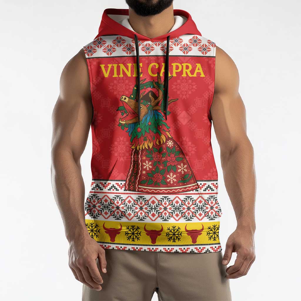 Personalized Romania Christmas Sleeveless Hoodie Romanian Carpet The Goat Dance - Wonder Print Shop