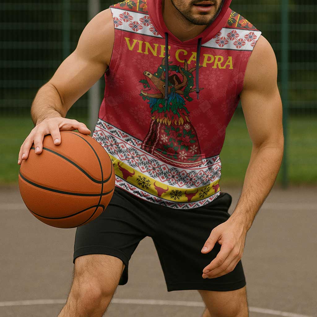 Personalized Romania Christmas Sleeveless Hoodie Romanian Carpet The Goat Dance - Wonder Print Shop