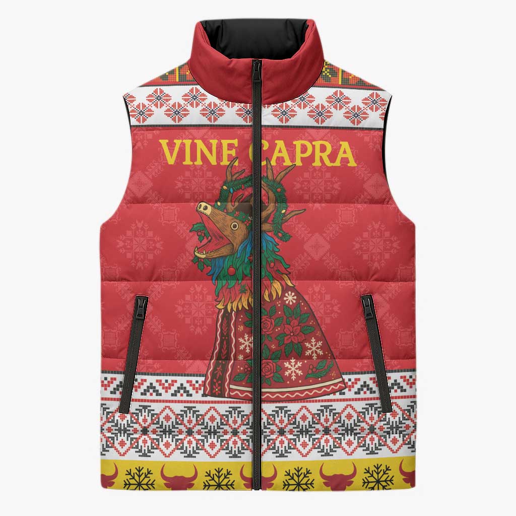 Personalized Romania Christmas Sleeveless Puffer Jacket Romanian Carpet The Goat Dance - Wonder Print Shop