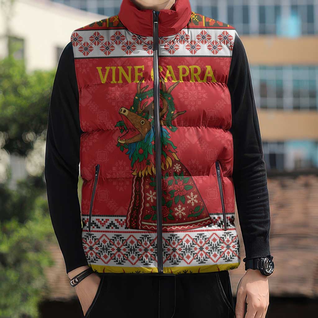 Personalized Romania Christmas Sleeveless Puffer Jacket Romanian Carpet The Goat Dance - Wonder Print Shop
