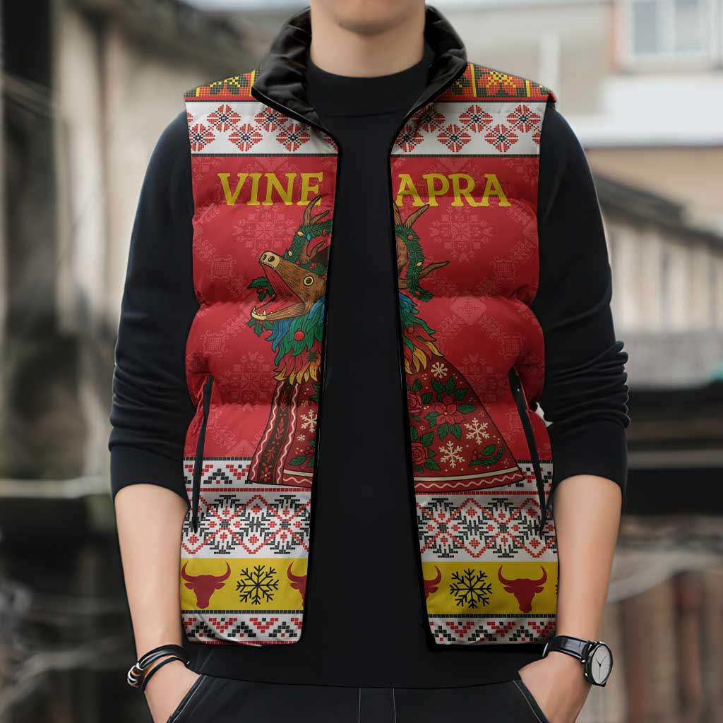 Personalized Romania Christmas Sleeveless Puffer Jacket Romanian Carpet The Goat Dance - Wonder Print Shop