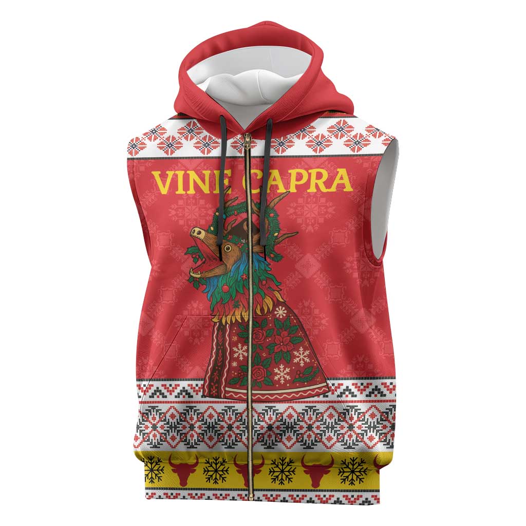 Personalized Romania Christmas Sleeveless Zip Hoodie Romanian Carpet The Goat Dance - Wonder Print Shop
