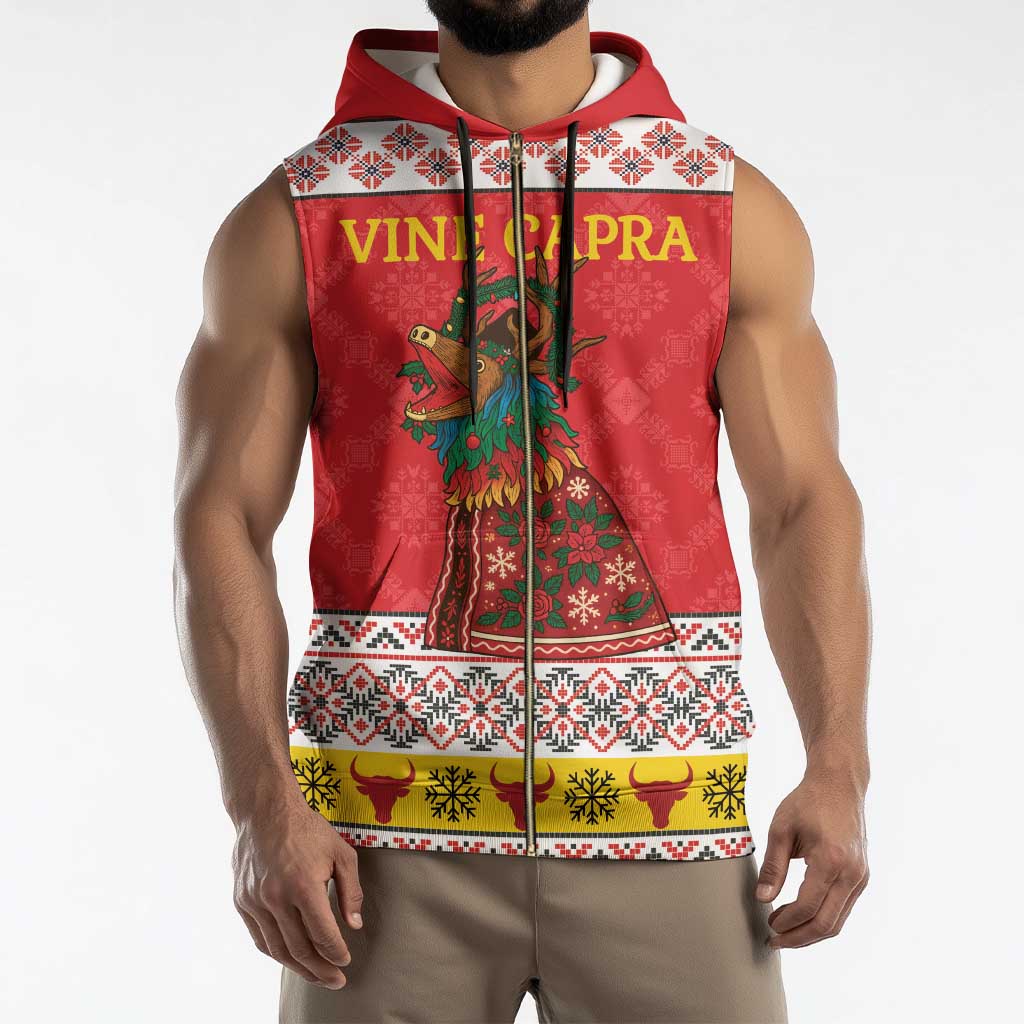 Personalized Romania Christmas Sleeveless Zip Hoodie Romanian Carpet The Goat Dance - Wonder Print Shop