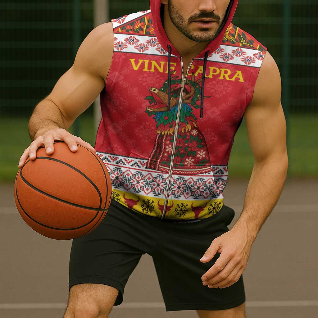 Personalized Romania Christmas Sleeveless Zip Hoodie Romanian Carpet The Goat Dance - Wonder Print Shop