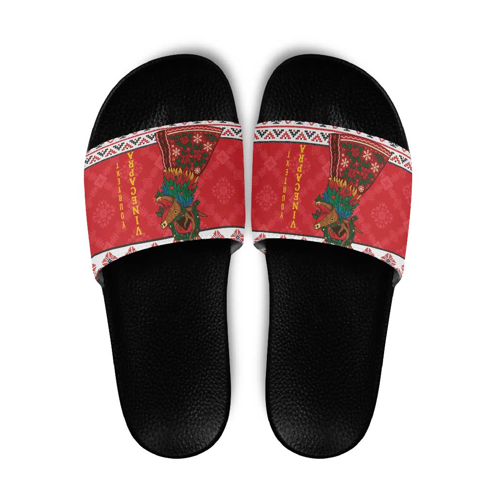 Personalized Romania Christmas Slide Sandals Romanian Carpet The Goat Dance - Wonder Print Shop