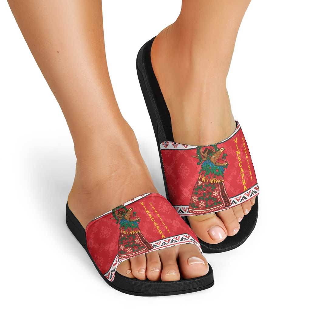 Personalized Romania Christmas Slide Sandals Romanian Carpet The Goat Dance - Wonder Print Shop
