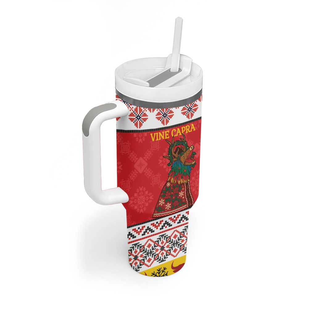 Personalized Romania Christmas Tumbler With Handle Romanian Carpet The Goat Dance - Wonder Print Shop