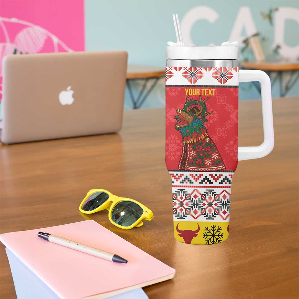 Personalized Romania Christmas Tumbler With Handle Romanian Carpet The Goat Dance - Wonder Print Shop
