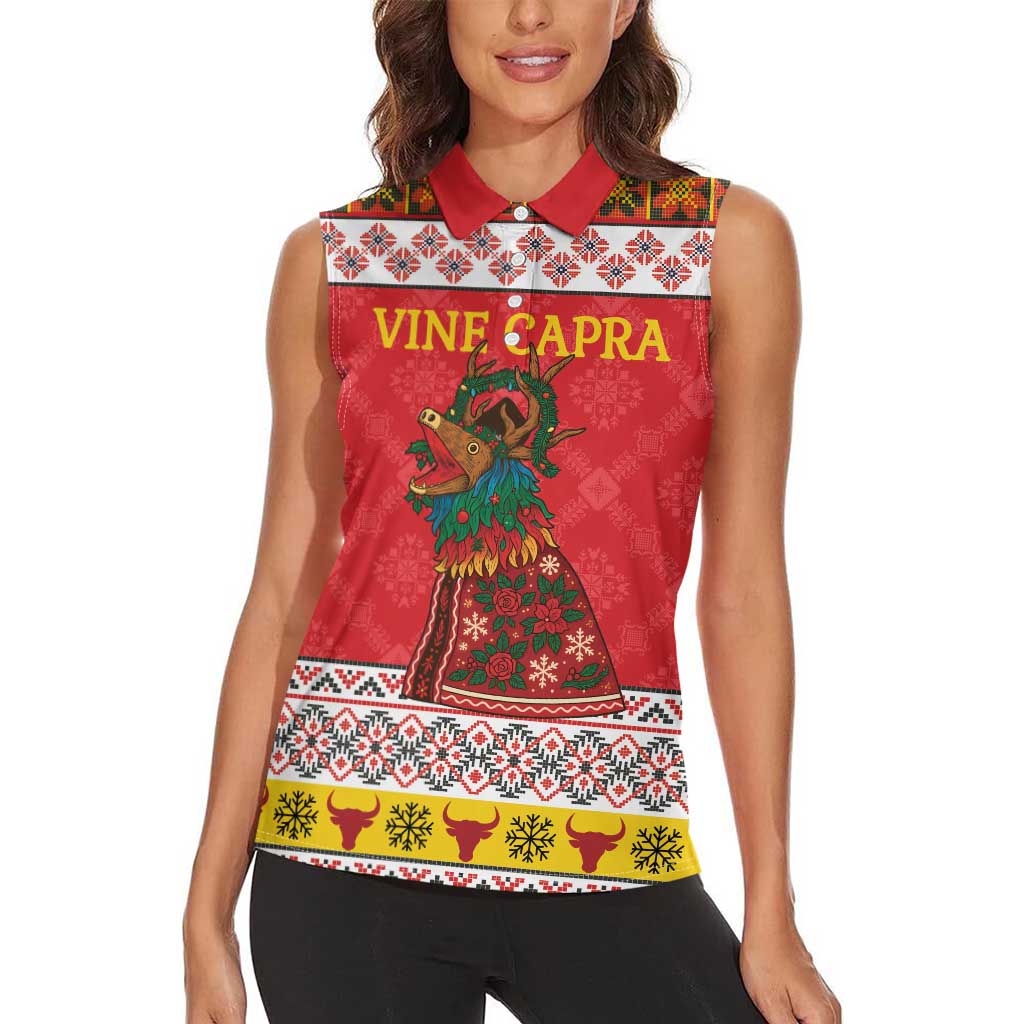 Personalized Romania Christmas Women Sleeveless Polo Shirt Romanian Carpet The Goat Dance - Wonder Print Shop