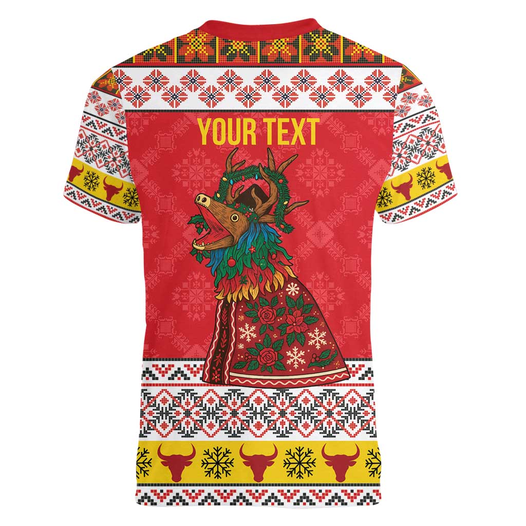 Personalized Romania Christmas Women V-Neck T-Shirt Romanian Carpet The Goat Dance - Wonder Print Shop