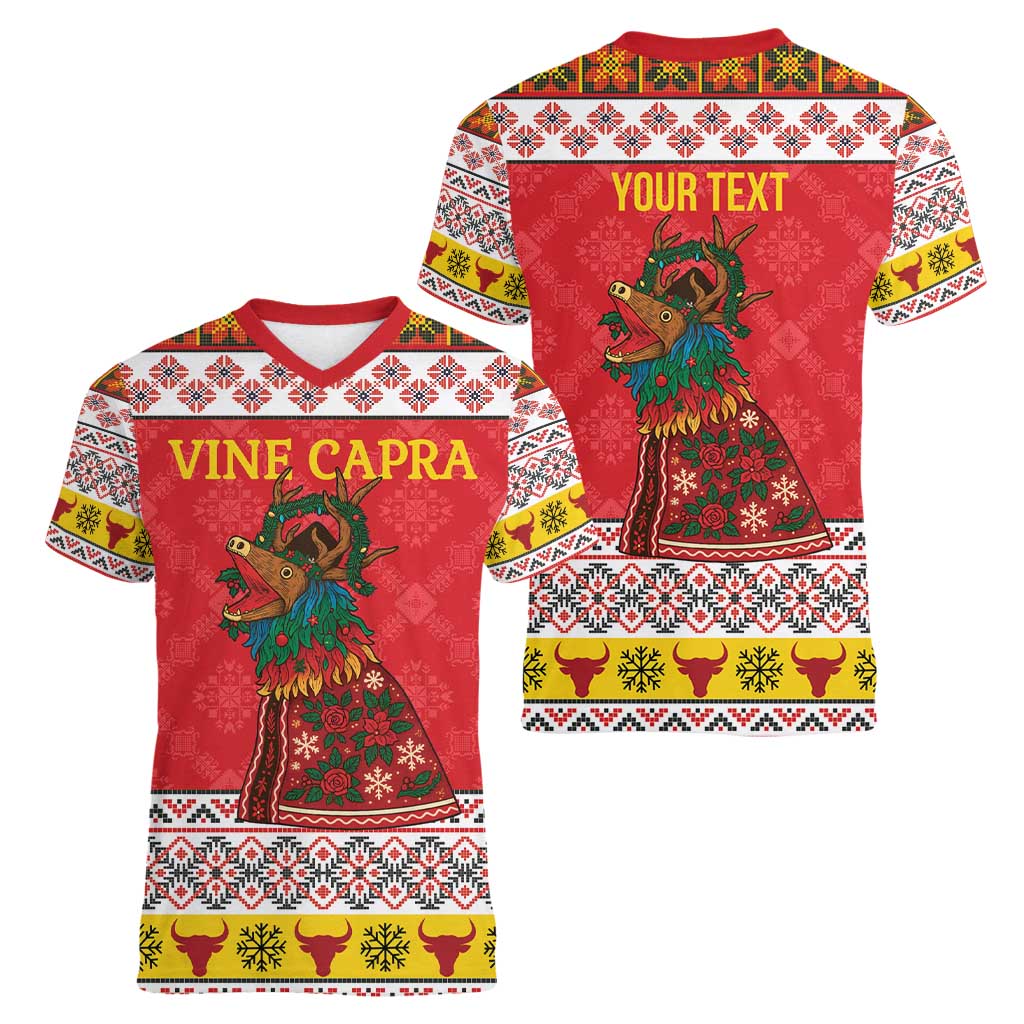 Personalized Romania Christmas Women V-Neck T-Shirt Romanian Carpet The Goat Dance - Wonder Print Shop