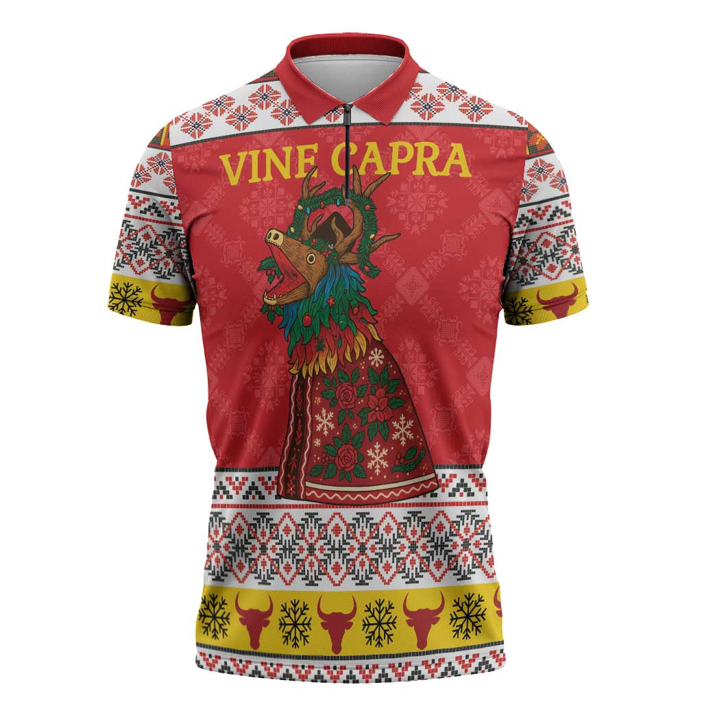 Personalized Romania Christmas Zipper Polo Shirt Romanian Carpet The Goat Dance - Wonder Print Shop