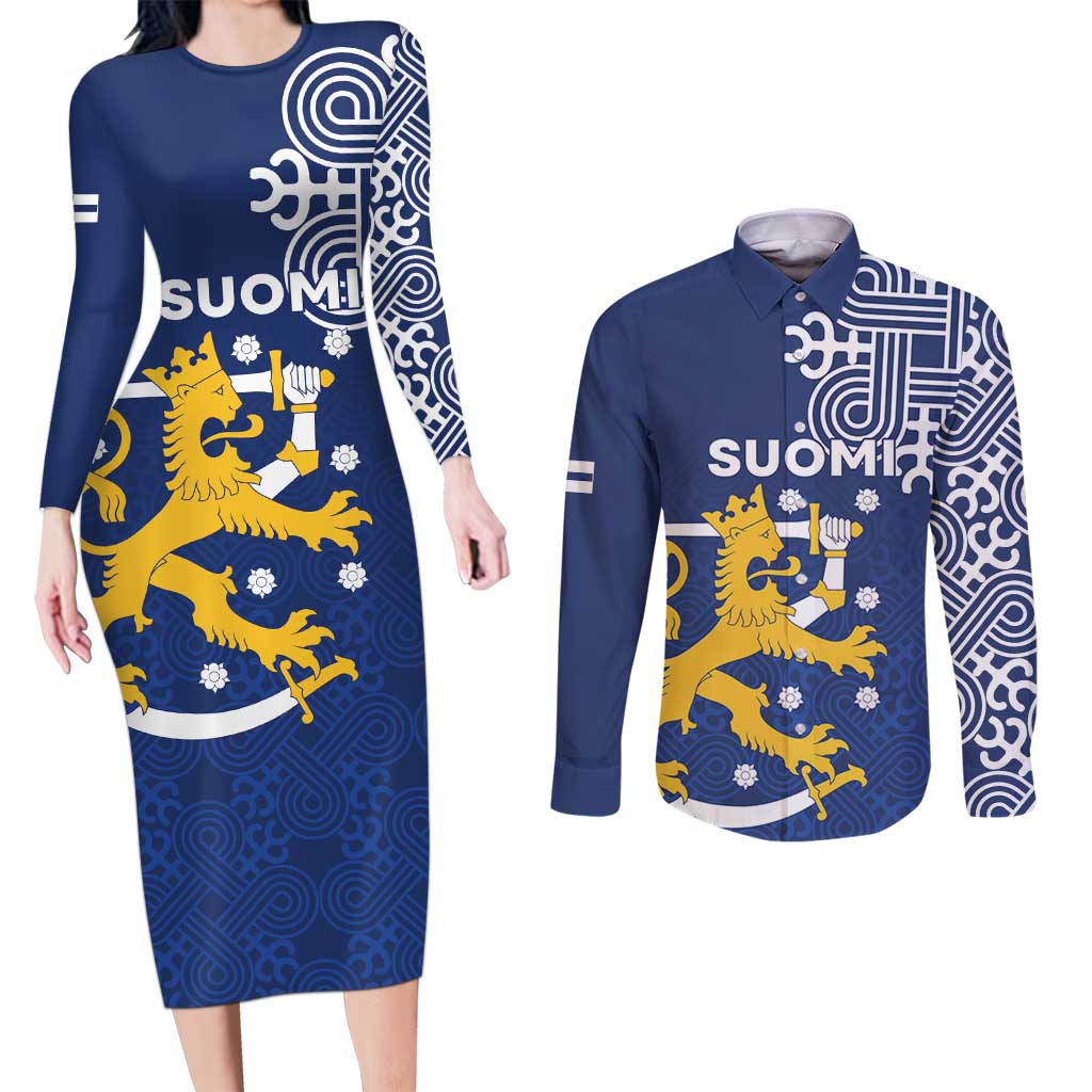 Finland Nordic Lion Couples Matching Long Sleeve Bodycon Dress and Long Sleeve Button Shirt Pride Of Suomi - Wonder Print Shop