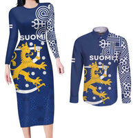 Finland Nordic Lion Couples Matching Long Sleeve Bodycon Dress and Long Sleeve Button Shirt Pride Of Suomi - Wonder Print Shop