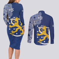 Finland Nordic Lion Couples Matching Long Sleeve Bodycon Dress and Long Sleeve Button Shirt Pride Of Suomi - Wonder Print Shop