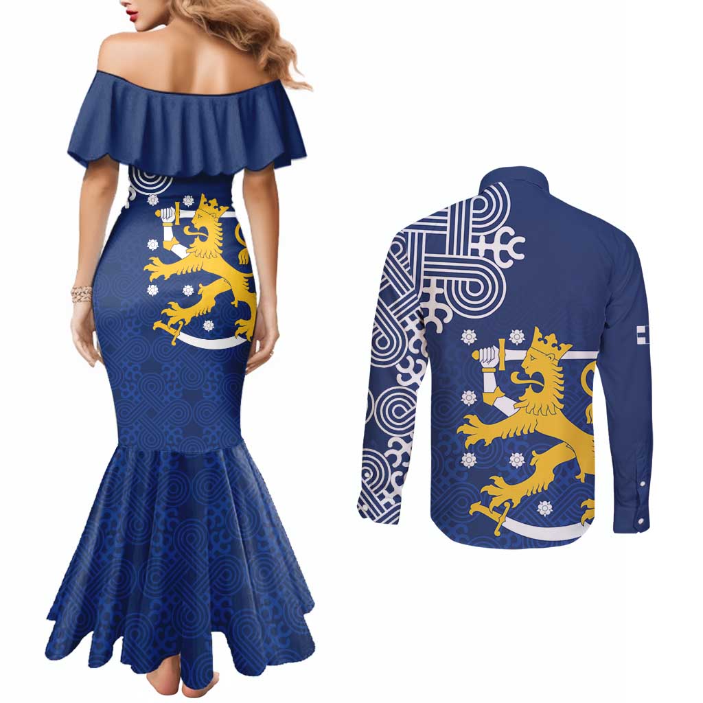 Finland Nordic Lion Couples Matching Mermaid Dress and Long Sleeve Button Shirt Pride Of Suomi - Wonder Print Shop