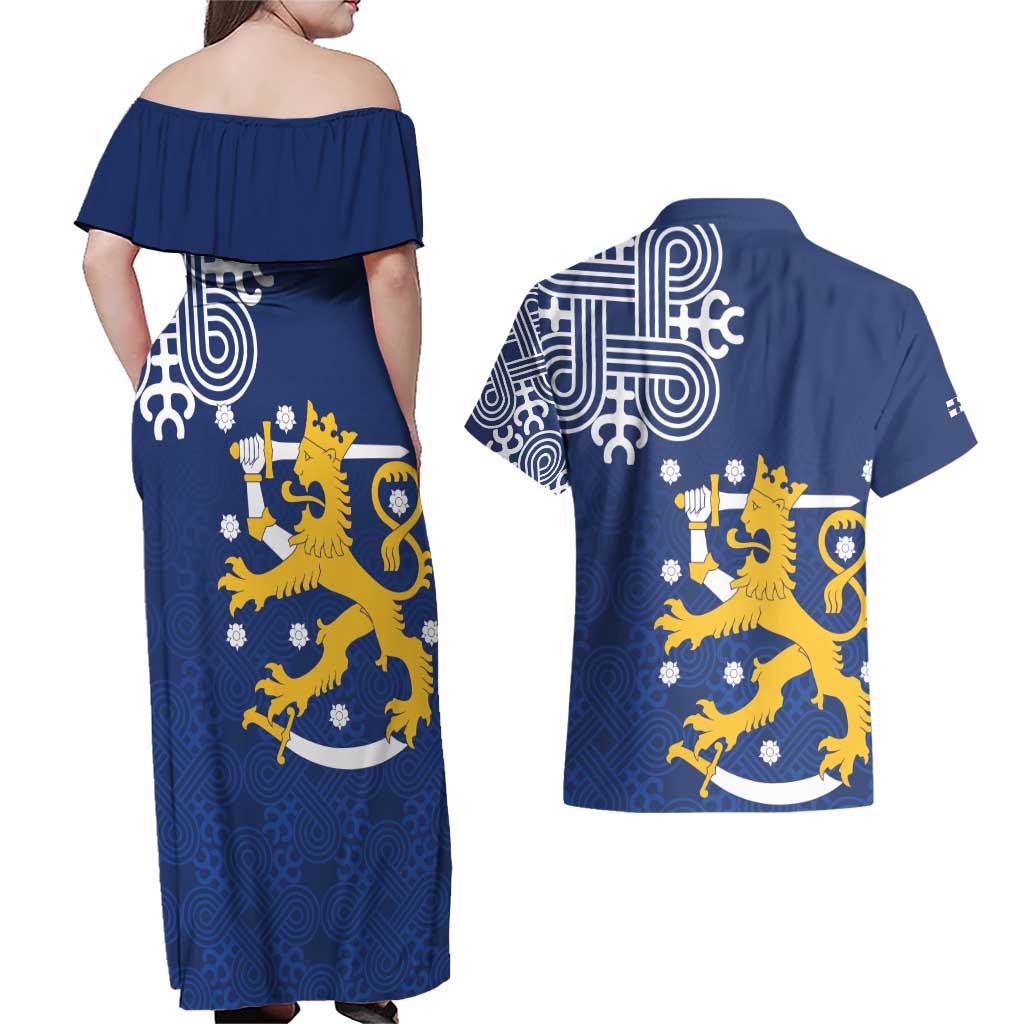 Finland Nordic Lion Couples Matching Off Shoulder Maxi Dress and Hawaiian Shirt Pride Of Suomi - Wonder Print Shop