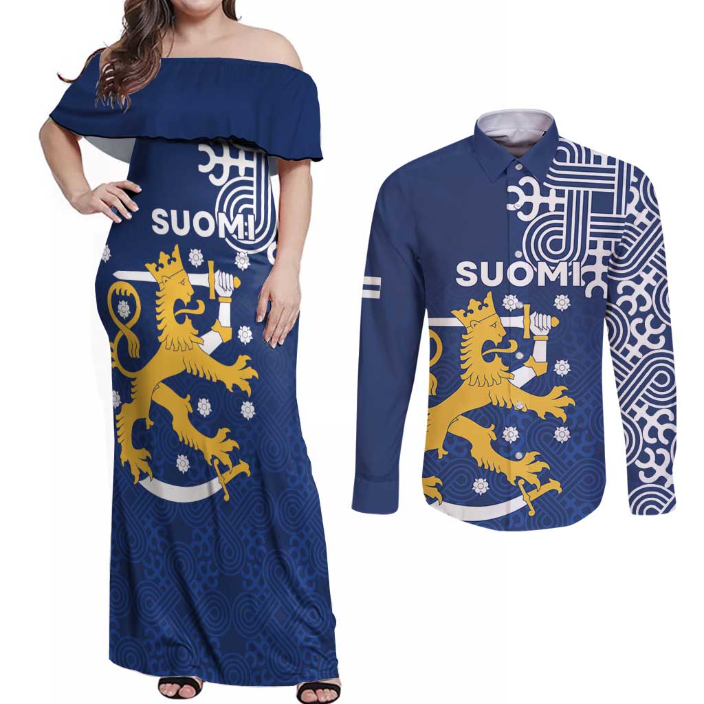 Finland Nordic Lion Couples Matching Off Shoulder Maxi Dress and Long Sleeve Button Shirt Pride Of Suomi - Wonder Print Shop