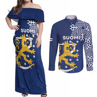 Finland Nordic Lion Couples Matching Off Shoulder Maxi Dress and Long Sleeve Button Shirt Pride Of Suomi - Wonder Print Shop