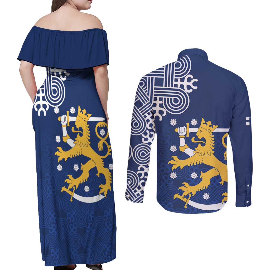 Finland Nordic Lion Couples Matching Off Shoulder Maxi Dress and Long Sleeve Button Shirt Pride Of Suomi - Wonder Print Shop