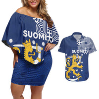 Finland Nordic Lion Couples Matching Off Shoulder Short Dress and Hawaiian Shirt Pride Of Suomi - Wonder Print Shop